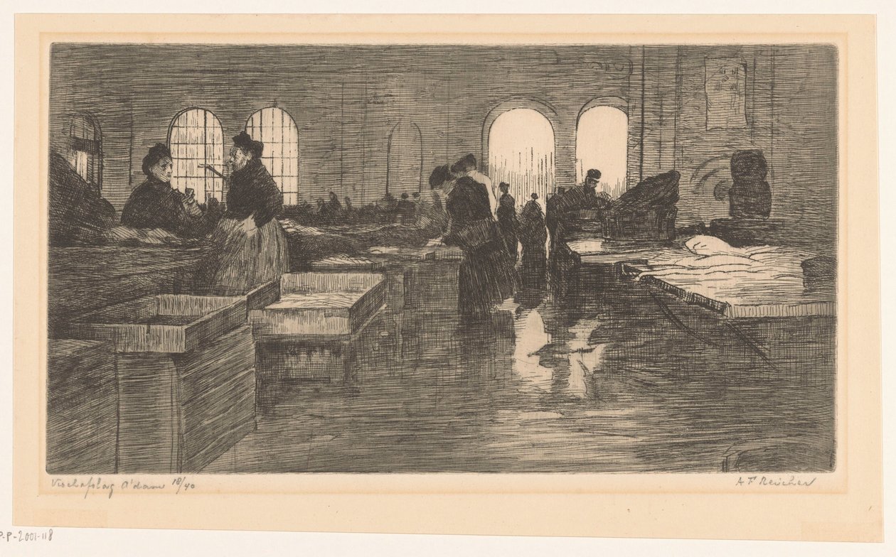 Interiör av Vismarkt på Nieuwmarkt i Amsterdam Vischafslag Amsterdam (originaltitel på objektet) av Albrecht Felix Reicher (signed by artist)