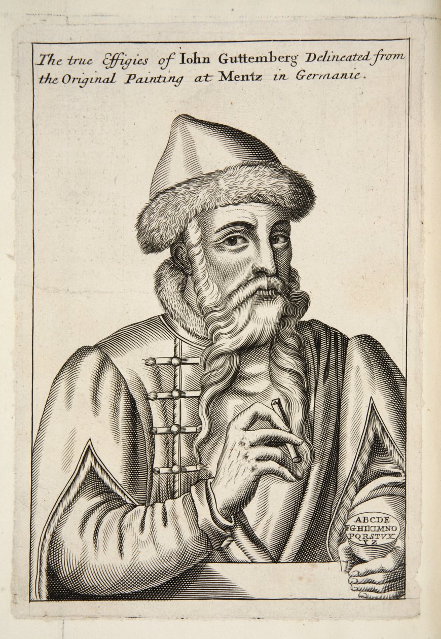 John Guttemberg, från Mechanick Exercises: or The Doctrine of Handy-Works appliced to the Art of Printing, pub. 1683 av Albrecht after Mentz