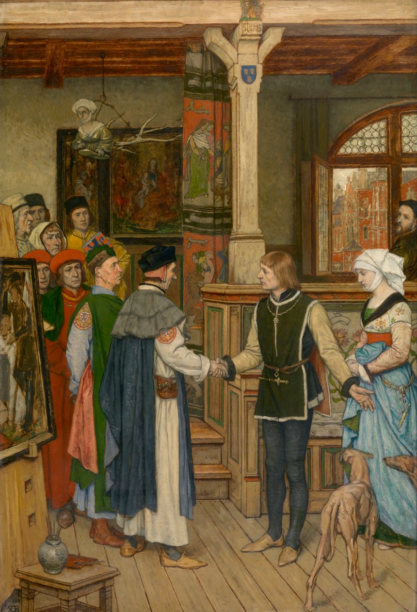 Domarna besöker Jan van Eycks verkstad (olja på duk) av Albrecht de Vriendt