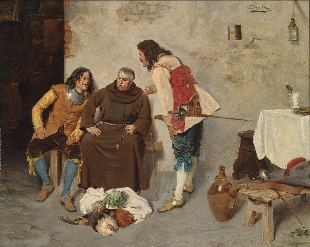 Pater mit Landsknechten im Gespräch av Alcide Segoni