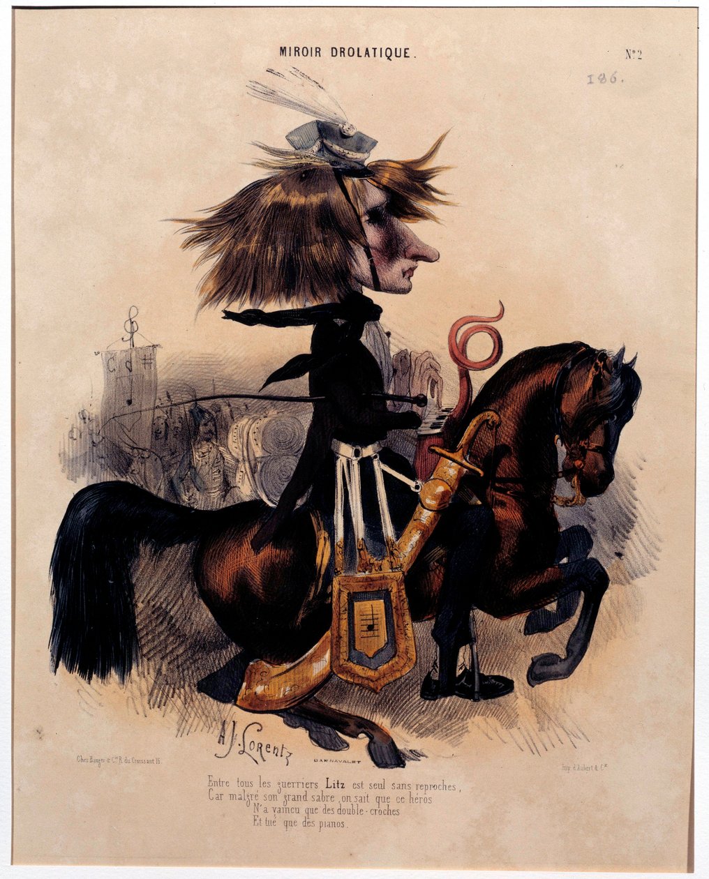 Tecknad film föreställande kompositören Franz Liszt (1811-1886) av Alcide Joseph Lorentz (1813-1858) från ""Dolatiska spegeln"" 1842 Paris, Musee Carnavalet av Alcide Joseph Lorentz