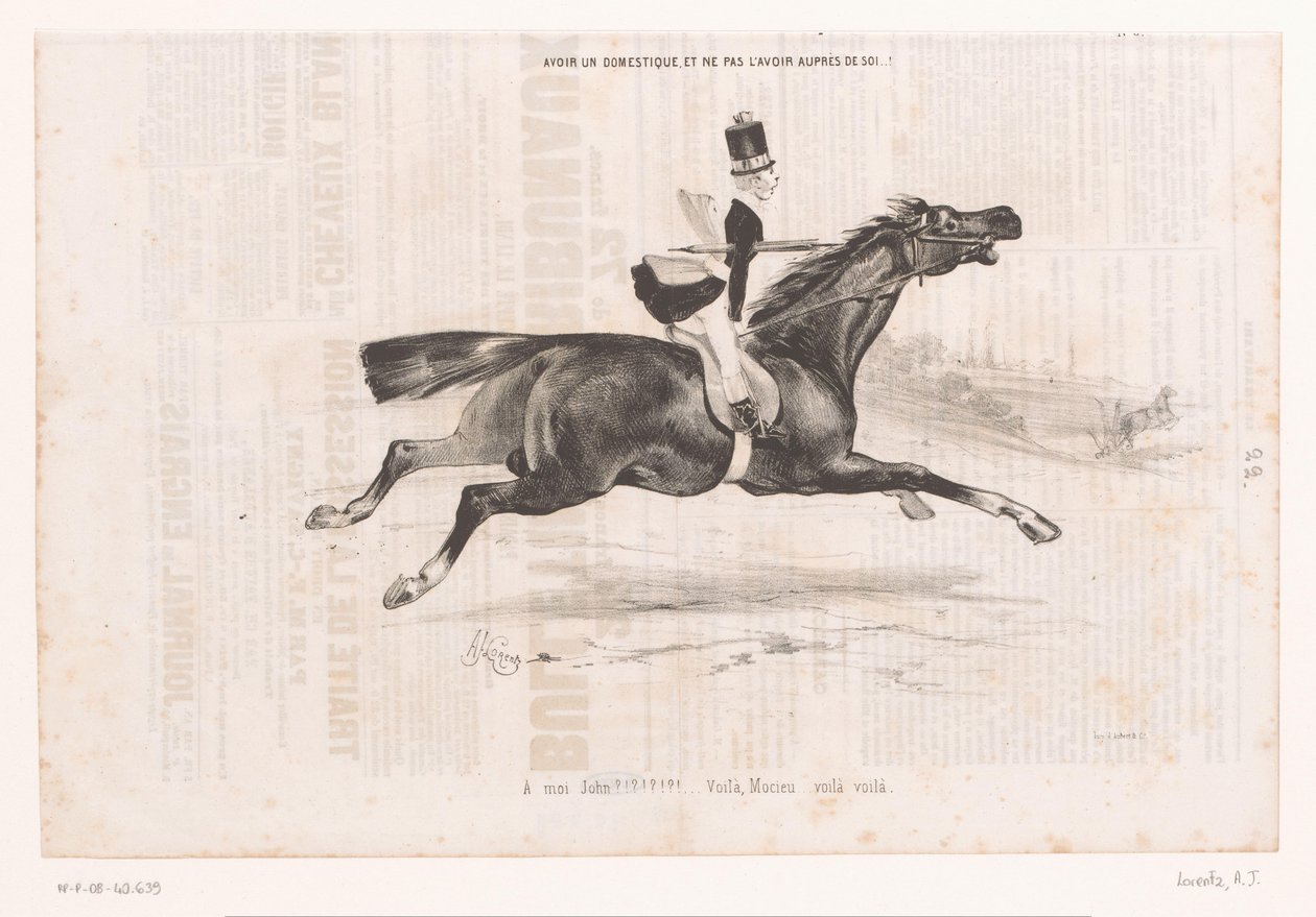Jongeman op galoperend paard Att ha en tjänare, och att inte ha honom med sig..! (titel på objekt) Kleine geneugten van het paardrijden (serietitel) Ridningens små glädjeämnen (serietitel på objekt) av Alcide Joseph Lorentz