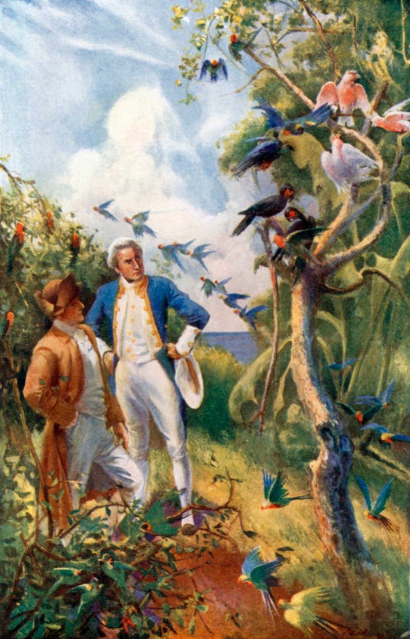 Kapten Cook vid Botany Bay (färglitografi) av Alec Ball