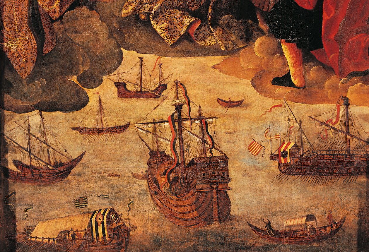 Spansk karavell (detalj från Virgin of the Navigators) av Alejo Fernandez