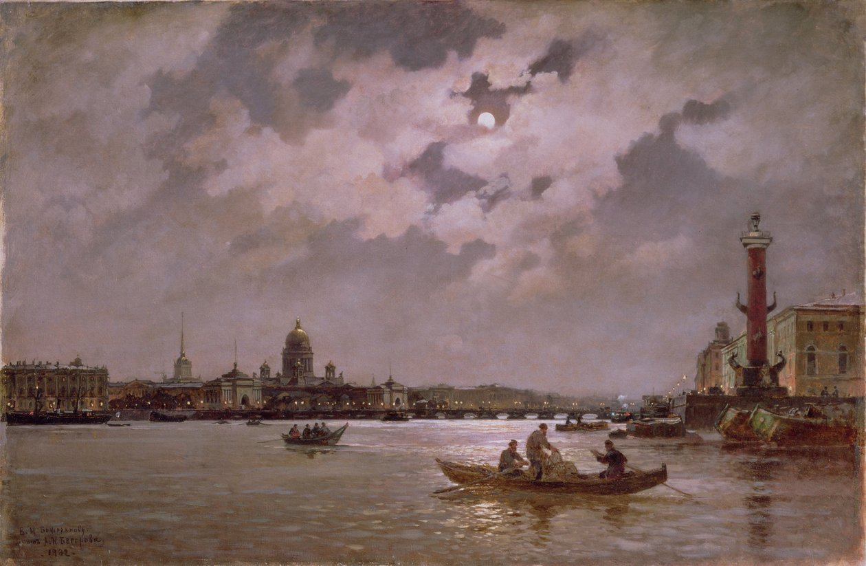 Utsikt över Neva och Admiralteyskaya Embankment i månskenet, 1882 av Aleksandr Karlovich Beggrov