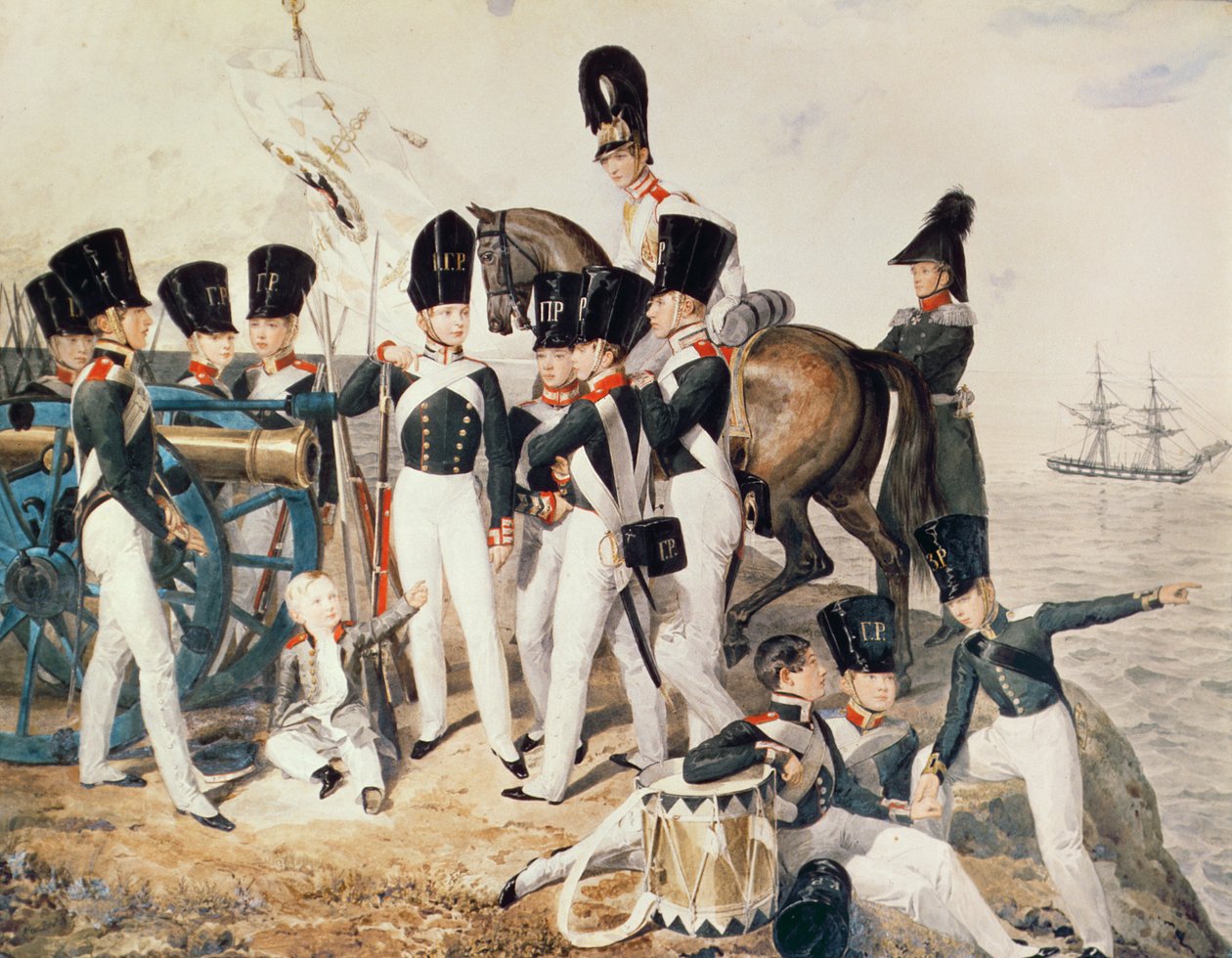 Tsarevich Alexander (1818-81) med sina kadetter vid Peterhof, ca 1823 av Aleksandr Pavlovich Bryullov