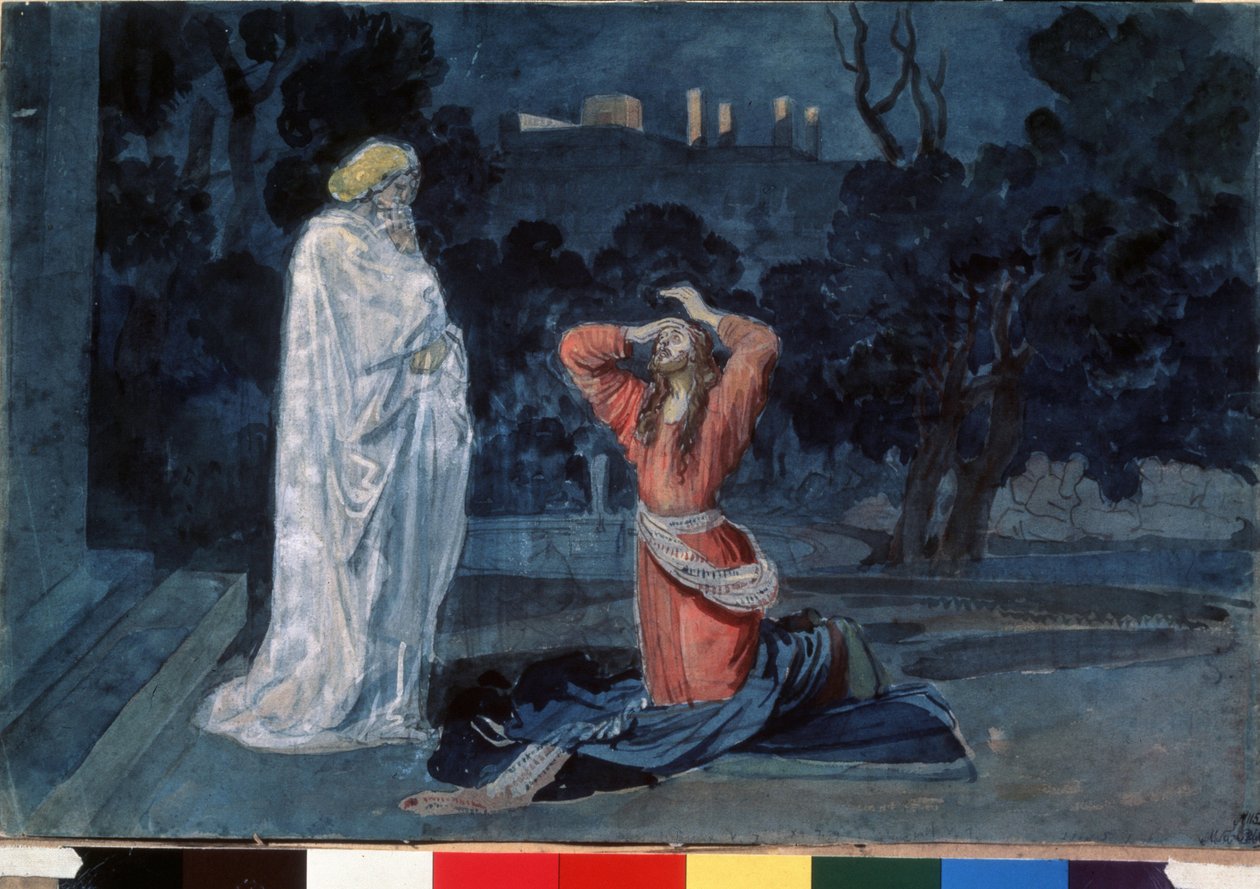 Jesus i Olivträdgården (eller Getsemane trädgård) (Jesus i Getsemane trädgård). Verk av Alexander Andrejevitj Ivanov (1806-1858), akvarell på papper, omkring 1840. Rysk konst från 1800-talet. State Tretyakov Gallery, Moskva (Ryssland). av Aleksandr Andreevich Ivanov