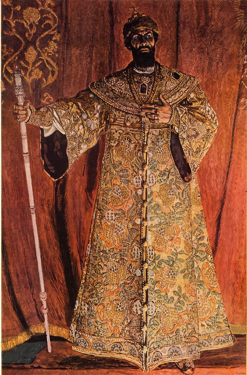 Porträtt av Fjodor Ivanov Shaliapin 1873-1939 i rollen som Boris Godunov, 1912, 1965. av Aleksandr Jakovlevic Golovin