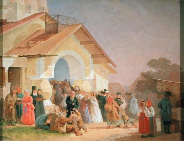 Kommer ut ur en kyrka i Pskov, 1863-64 av Aleksandr Ivanovich Morozov