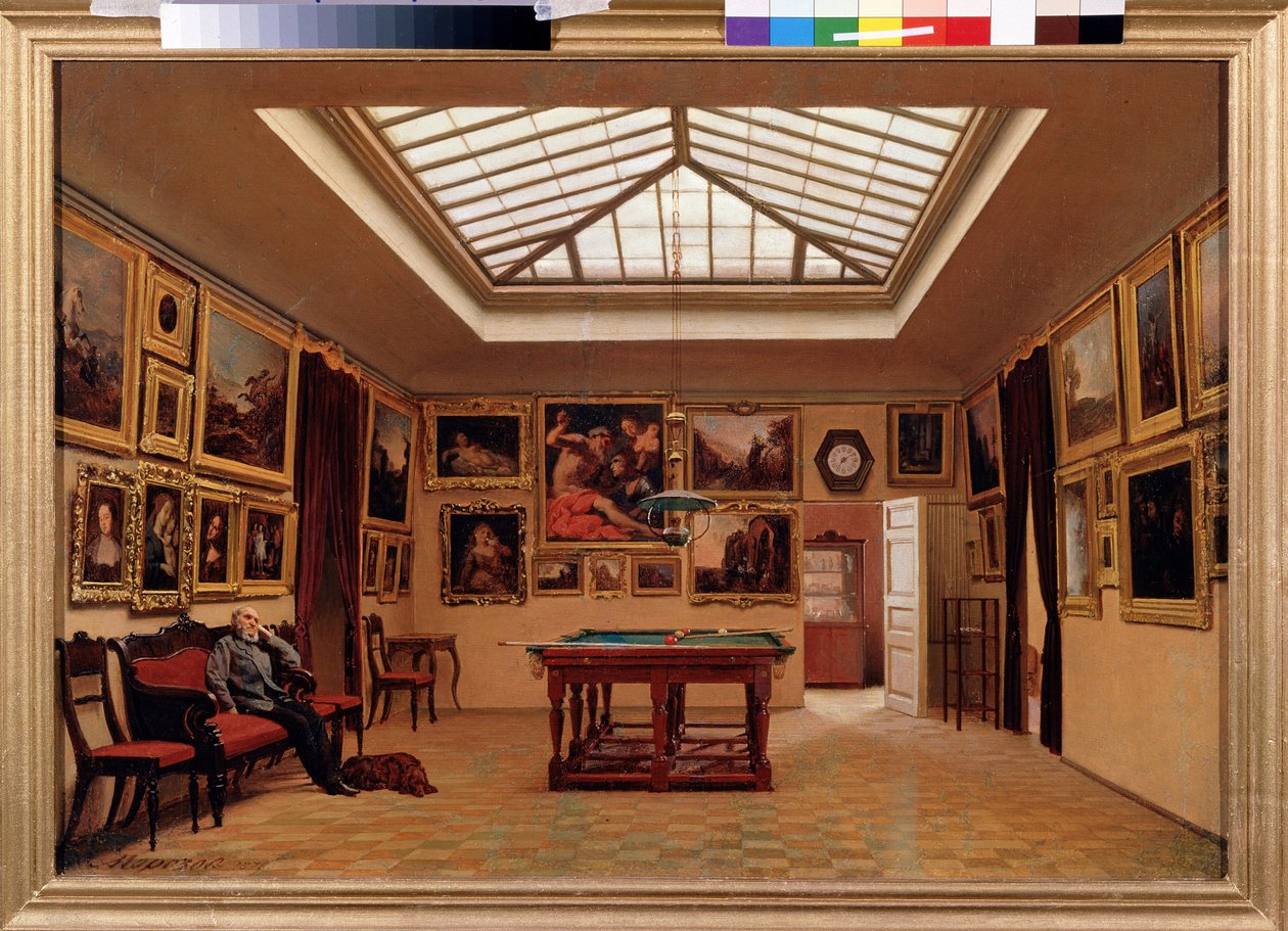 I en biljardhall. Målning av Alexander Ivanovich Morozov (1835-1904), olja på duk av Aleksandr Ivanovich Morozov