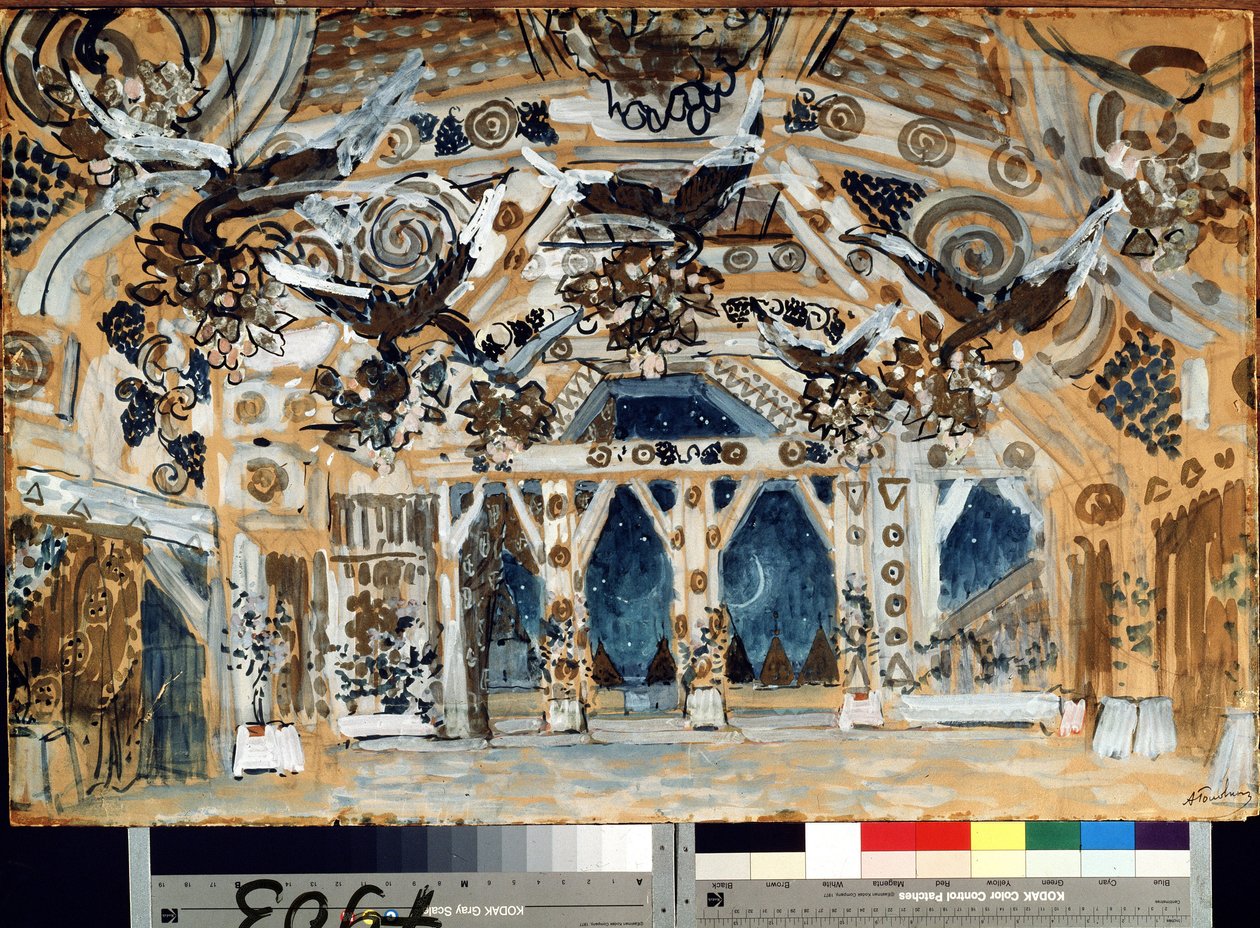 Decor pour la piece de theater La Dame de la mer de Henrik (Henri) Johan Ibsen (1828-1906) (Scenografi till teaterpjäsen Damen från havet av H. Ibsen). Oeuvre av Alexander Yakovlevich Golovin (Alexandre Golovine) (1863-1930), pastell på kartong av Aleksandr Jakovlevic Golovin