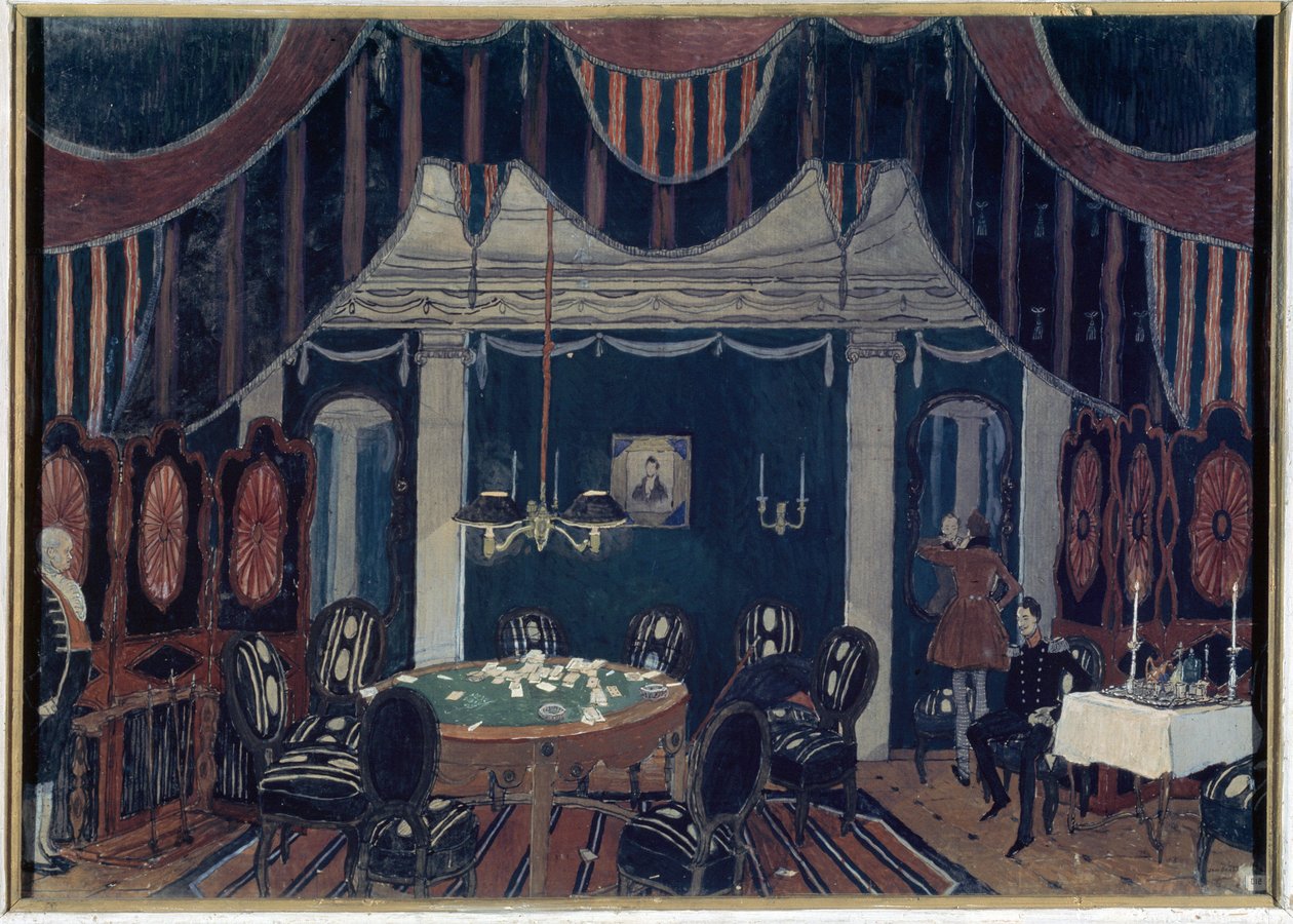 Decor preparatoire pour la piece de theater ""La mascarade"" av Mikhail Lermontov (1814-1841) (Scenografi för teaterpjäsen Maskeraden av Mikhail Lermontov) - Peinture av Alexander Yakovlevich Golovin (Alexandre Golovine) (1863-1930), tempera sur av Aleksandr Jakovlevic Golovin