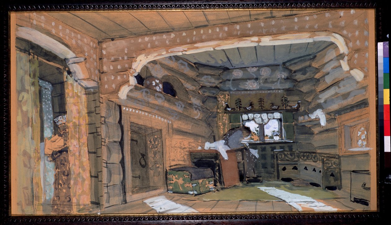 Förberedande uppsättning för operan The Pskov Maiden av Nicholas (Nikolai) Rimsky Korsakov (Rimsky-Korsakov) (1844-1908) (Scenografi för operan The Pskov Maiden av N.Rimsky Korsakov (Rimsky-Korsakov). Beskrivning av den insidan av en av Aleksandr Jakovlevic Golovin
