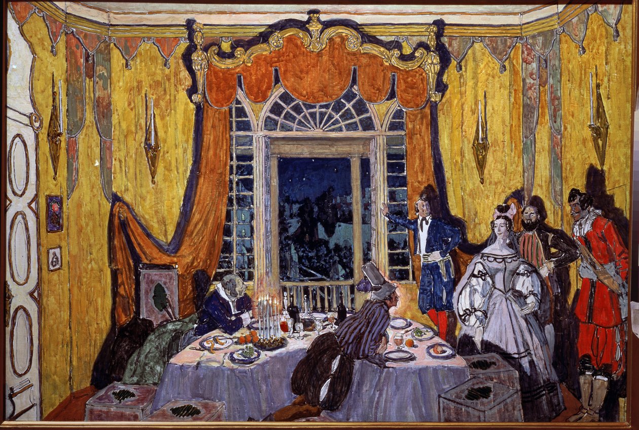 Förberedande dekor för operan ""Le guest de pierre"" av Alexandre Dargomyjski (1813-1869) (Scenografi för operan Stengästen, av A. Dargomyzhsky). Målning av Alexander Yakovlevich Golovin (Alexander Golovin) (1863-1930), olja på trä av Aleksandr Jakovlevic Golovin