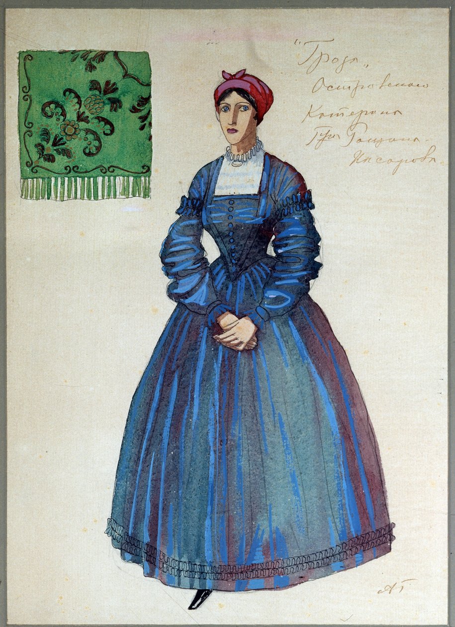 Kostymdesign för pjäsen Stormen av Alexandre Ostrovski (1823-1886) (Dräktdesign för pjäsen Stormen av A.Ostrovsky). Verk av Alexander Yakovlevich Golovin (Alexander Golovin) (1863-1930), penna, bläck, akvarell, gouache och guld på papper av Aleksandr Jakovlevic Golovin