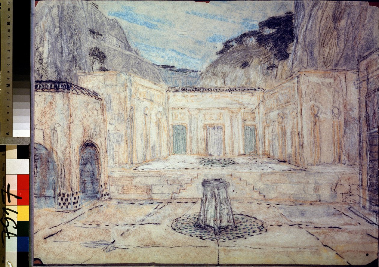 Scenografi för tragedin Antigone efter Sofokles (496 f.Kr.-406 f.Kr.) (Scenografi för tragedin Antigone efter Sofokles). Ett offentligt torg omgivet av antika byggnader i ett bergslandskap. Alexanders verk av Aleksandr Jakovlevic Golovin