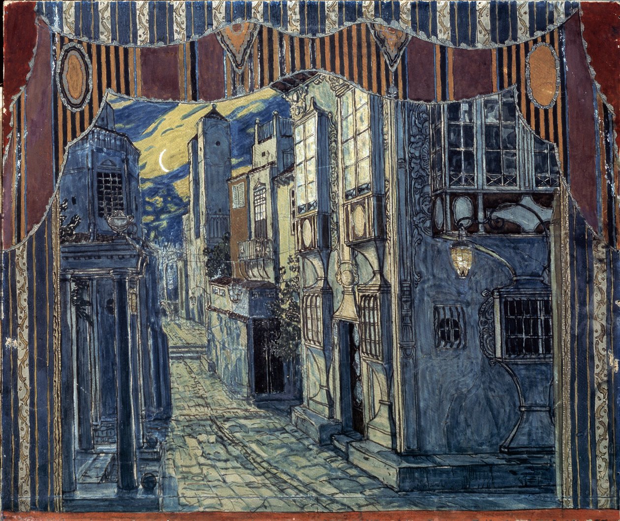 Scenografi för operan Barberaren i Sevilla av Gioachino (Gioacchino) Rossini (1792-1868) (Scenografi för operan Barberaren i Sevilla av G.Rossini). Stadslandskap upplyst av en halvmåne, spanska fasader och kullerstensgator. Arbete av av Aleksandr Jakovlevic Golovin