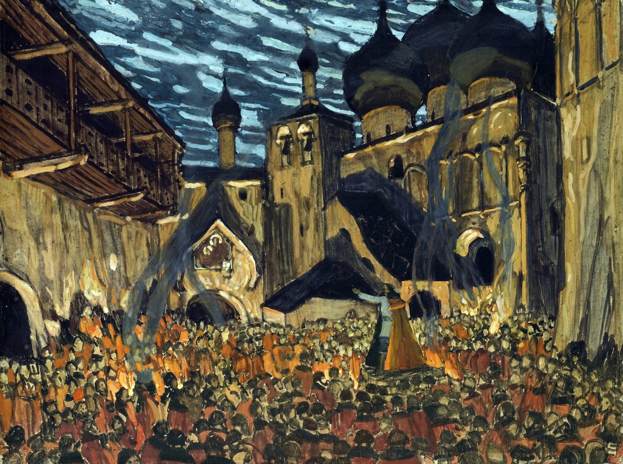 Scenografi för operan The Maid of Pskov av N. Rimsky-Korsakov - Golovin, Alexander Yakovlevich (1863-1930) - 1901 - Tempera på kartong - 39x52 - Privat samling av Aleksandr Jakovlevic Golovin