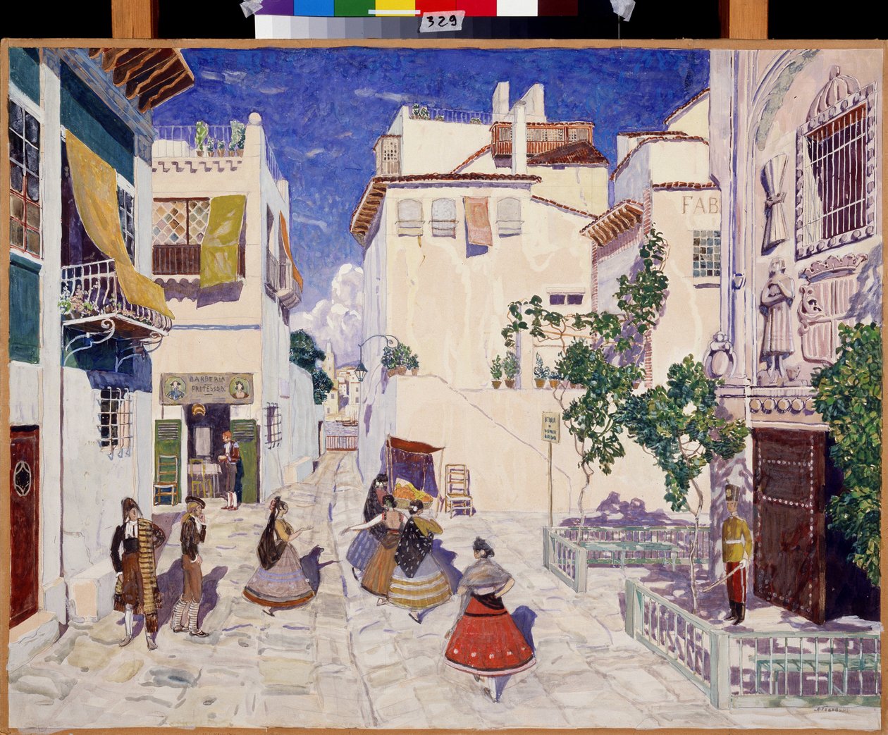 Une rue a Sevilla (Spanien), Dekor för operan Carmen av Georges Bizet (1838-1875) (A Street in Sevilla, Scenografi för operan Carmen av G.Bizet). Verk av Alexander Yakovlevich Golovin (Alexander Golovin) (1863-1930), tempera på papper av Aleksandr Jakovlevic Golovin