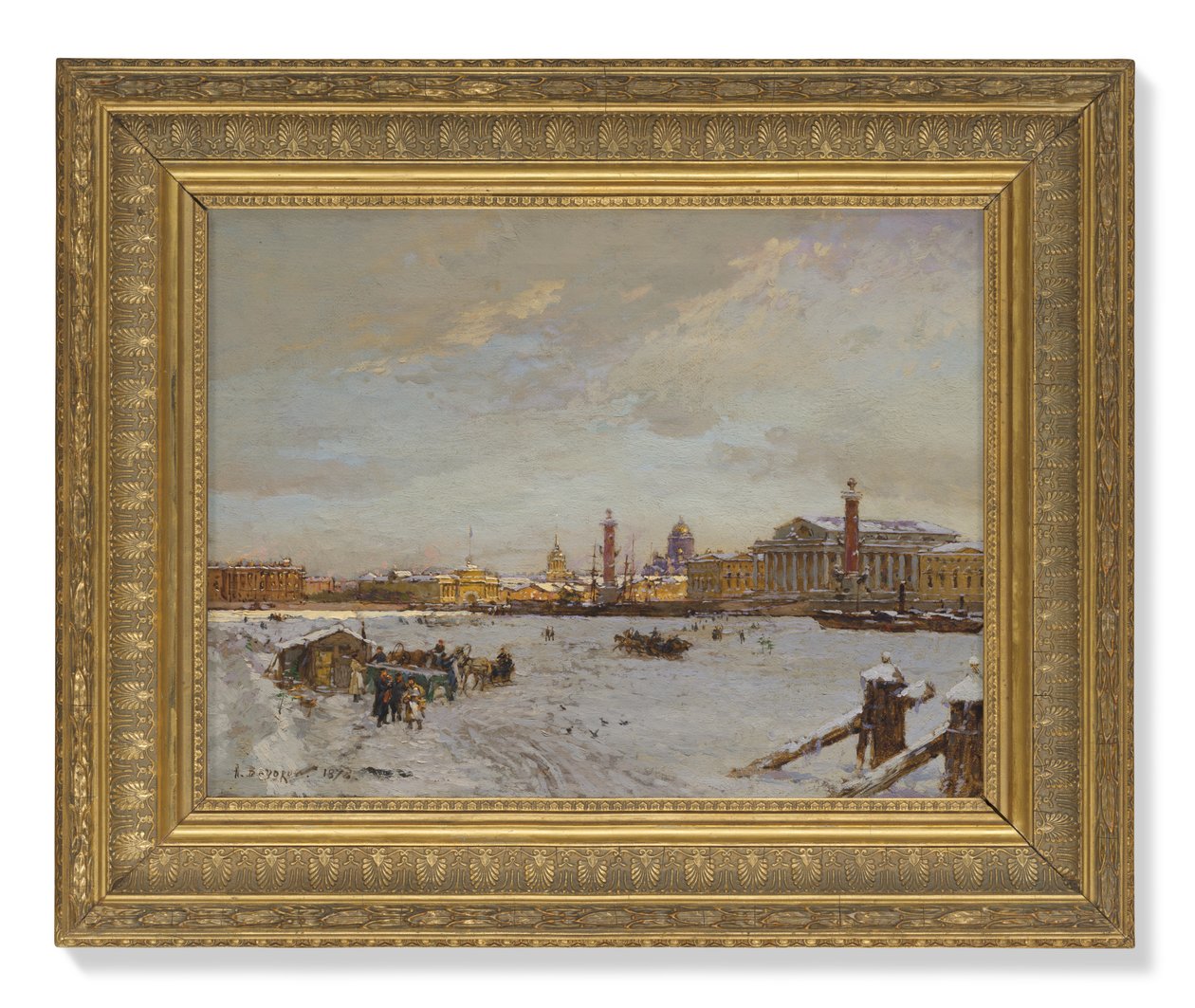 Utsikt över det frusna Neva, Rostralpelarna, St Isaac