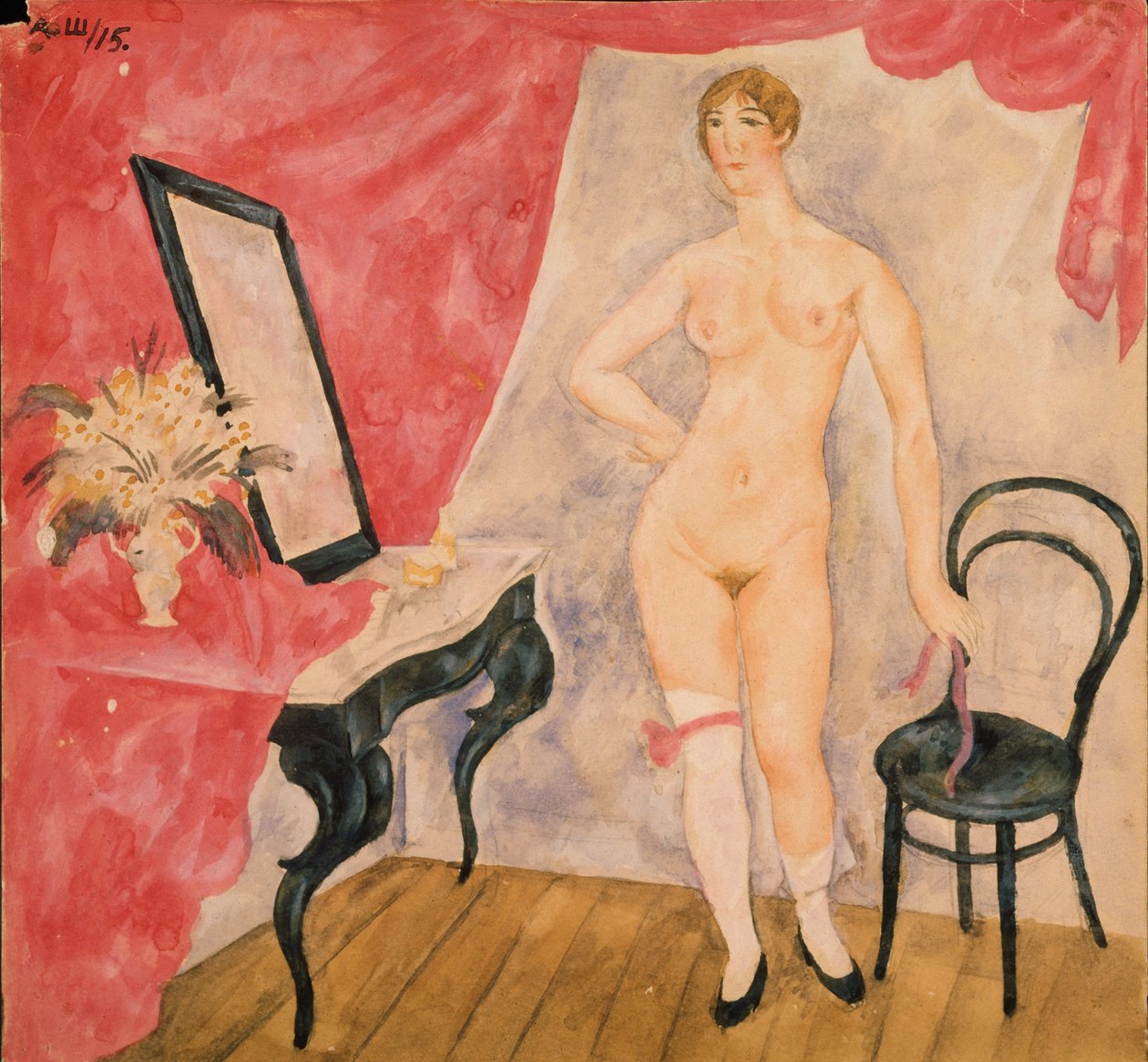 Kvinna i spegeln. Målning av Alexander Vasilyevich Shevchenko (Alexander Shevchenko) (1883-1948), olja på duk av Aleksandr Vasilievich Shevchenko