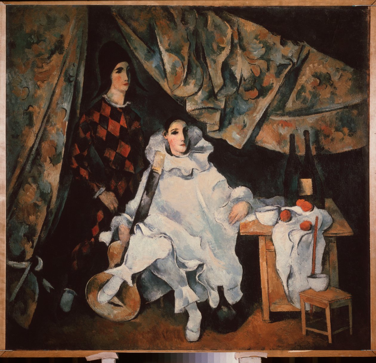 Cyrano jonglering bröderna. (i Pierrot och Harlequin-dräkt). Målning av Alexander Vasilyevich Shevchenko (Alexander Shevchenko) (1883-1948), olja på duk av Aleksandr Vasilievich Shevchenko