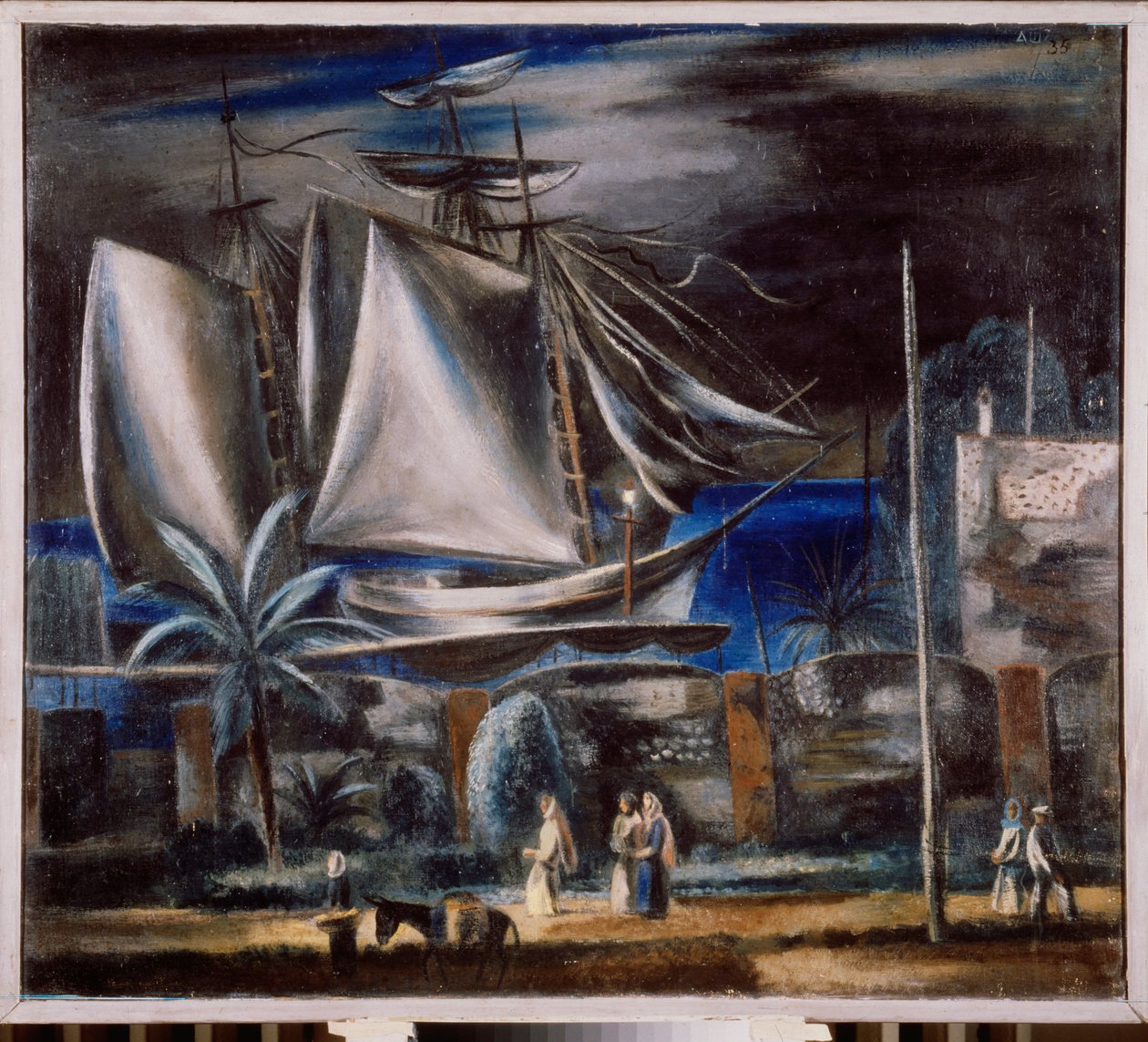 Port marin, la nuit (Ett högt skepp förtöjer vid Svarta havet) - Seaport at Night - Målning av Alexander Vasilyevich Shevchenko (Alexander Chevtchenko) (1883-1948), olja på duk av Aleksandr Vasilievich Shevchenko