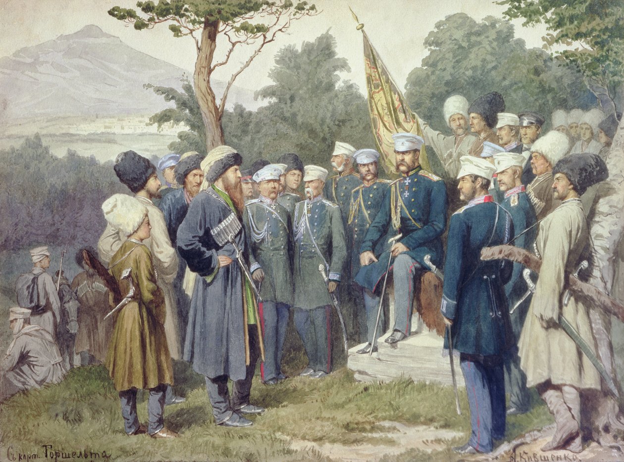 Den kaukasiske ledaren Shamil (ca 1798-1871) kapitulerade till greve Baryatinsky 1859, 1880 av Aleksei Danilovich Kivshenko