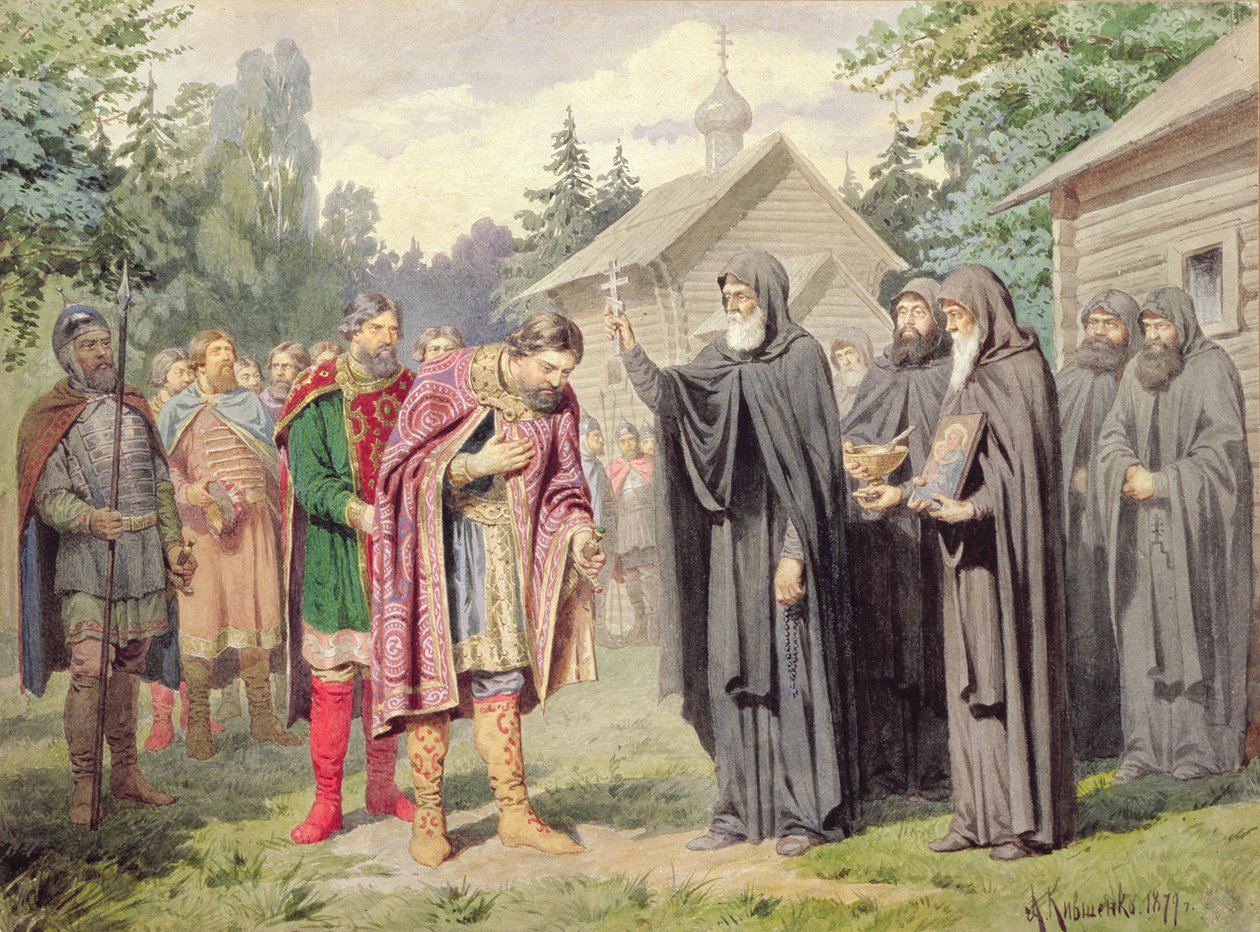 Hertig Dimitry och St. Sergy i Redonezh före strid med tartarer, 1880 av Aleksei Danilovich Kivshenko