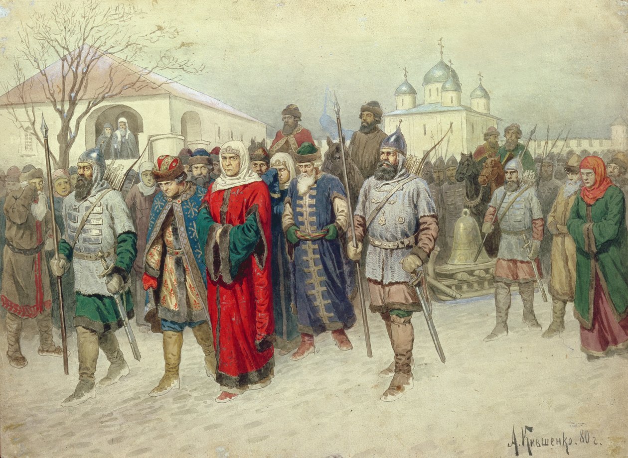 Anslutning av Great Novgorod, Novgorodians avgår till Moskva, 1880 av Aleksei Danilovich Kivshenko