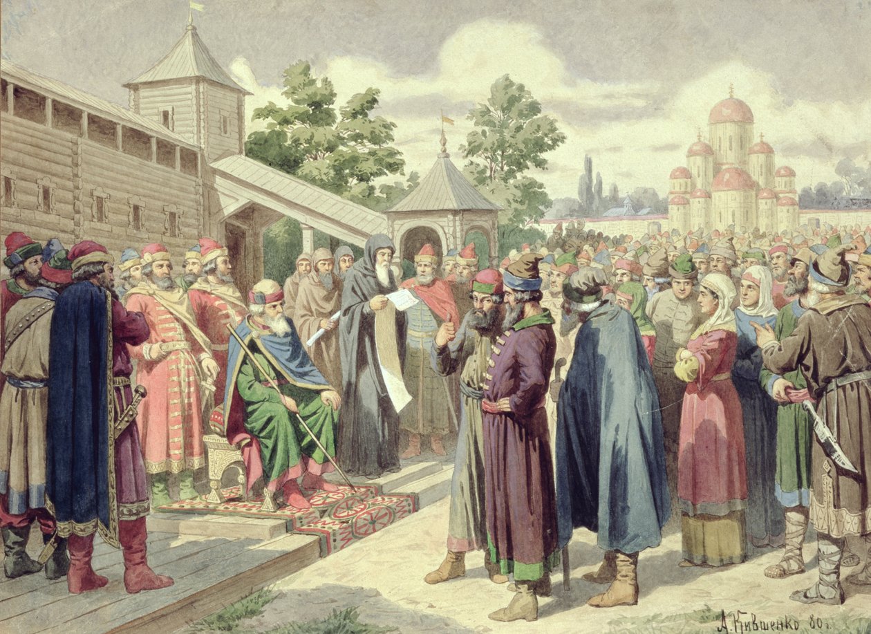 Läsning av koden i närvaro av storhertig Jaroslav av Novgorod, 1880 (wc på duk) av Aleksei Danilovich Kivshenko
