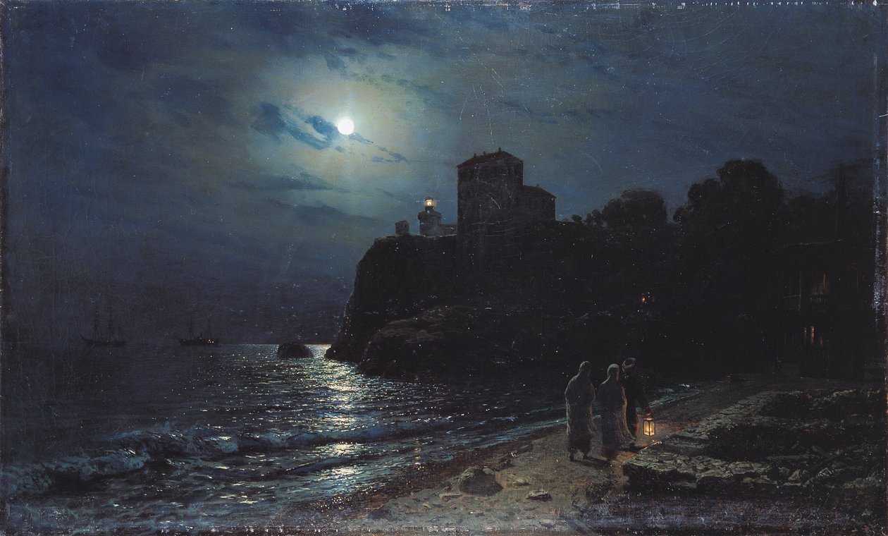 Mwangaza wa mwezi kwenye ukingo wa Ziwa, 1870 swed av Alexei Kondratjewitsch Sawrassow