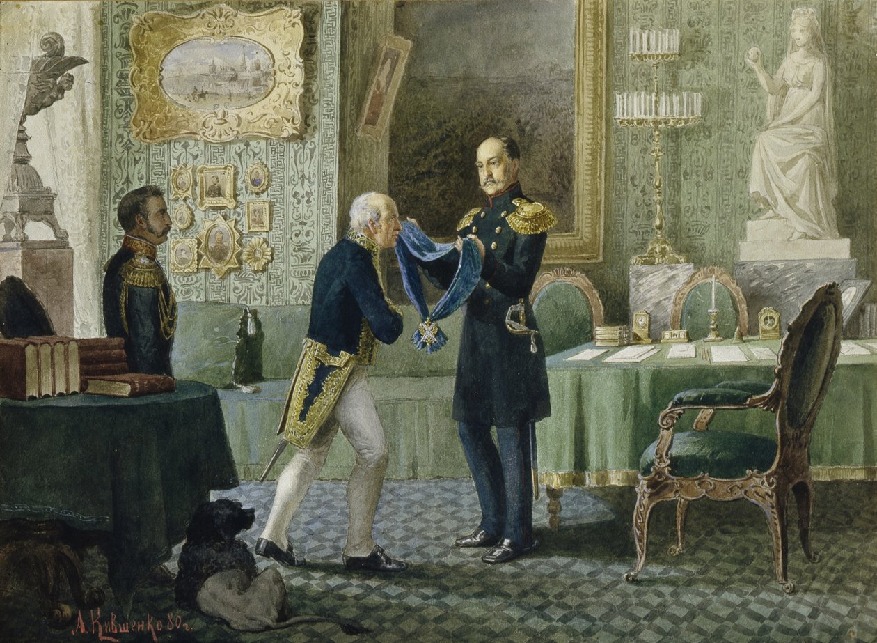 Kejsar Nicholas I tilldelar greve Michail Speransky det blå bandet av St. Andreasorden 1880 av Aleksei Danilovich Kivshenko
