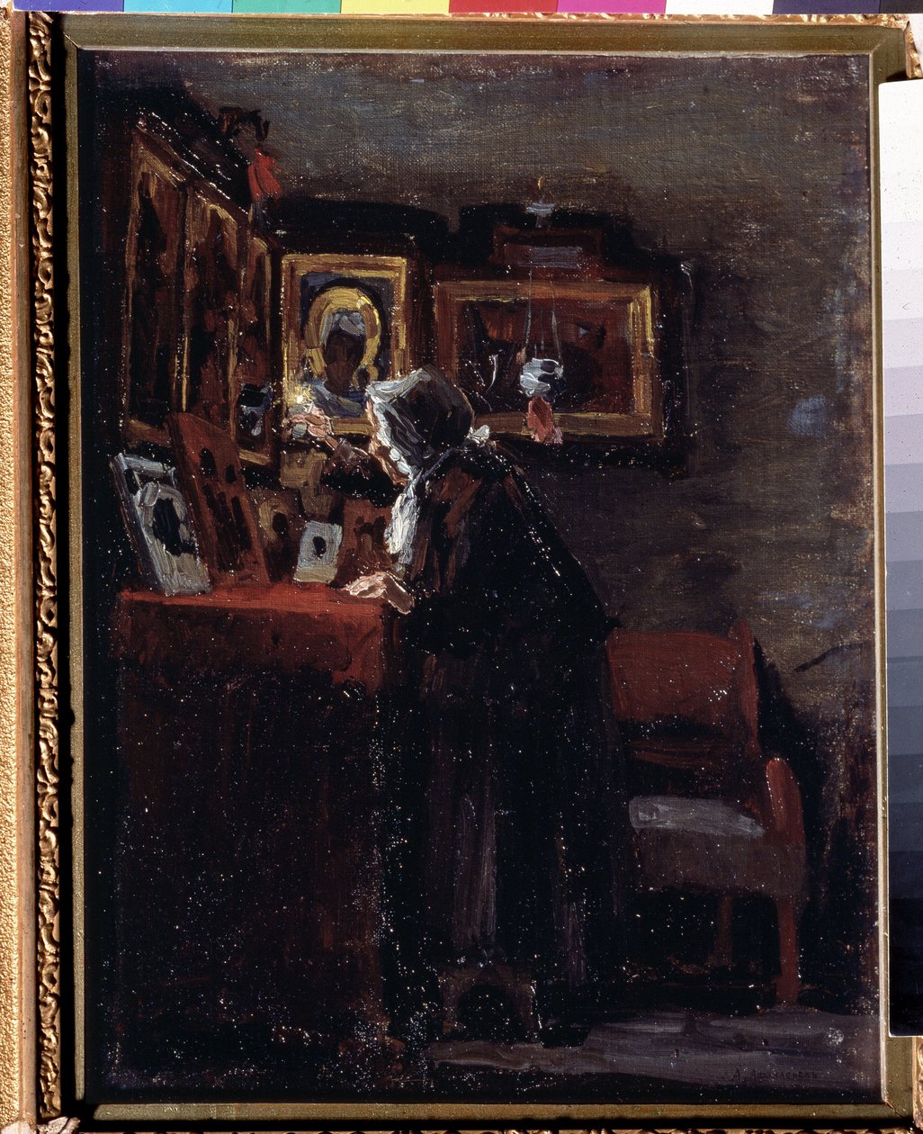 Innan en religiös högtid (Före en religiös fest) - Målning av Aleksei Fyodorovich Afanasyev (Alexis Afanasyev) (1850-1920) - Olja på duk, 41 x 31,5 cm av Aleksei Fyodorovich Afanasyev