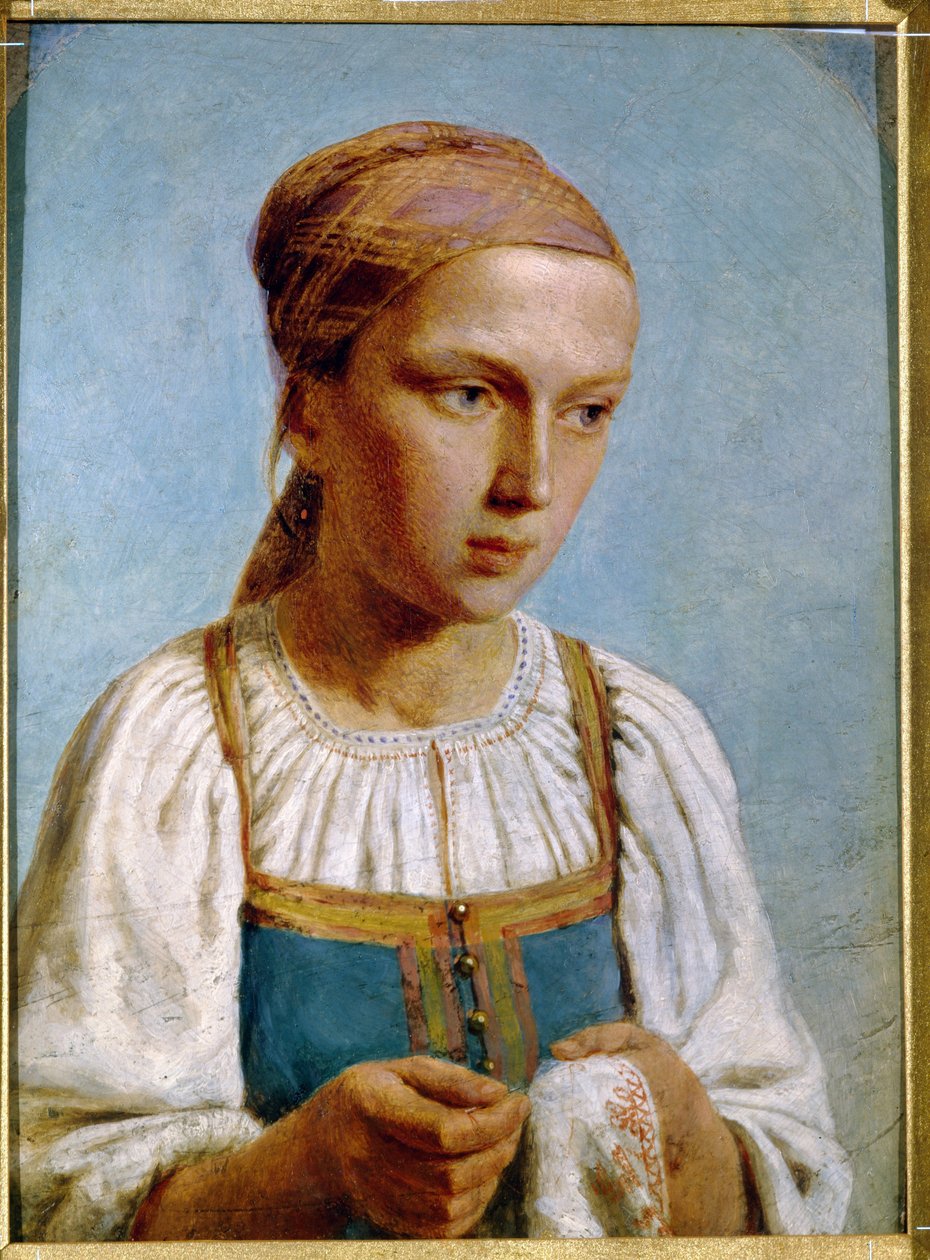 Countrybroderare. (Broderi Country Girl). Porträtt av en ung flicka, klädd i den traditionella ryska klänningen, med nål och arbete i händerna. Verk av Alexei (Alexis) Gavrilovich Venetsianov (1780-1847), olja på kartong av Aleksei Gavrilovich Venetsianov
