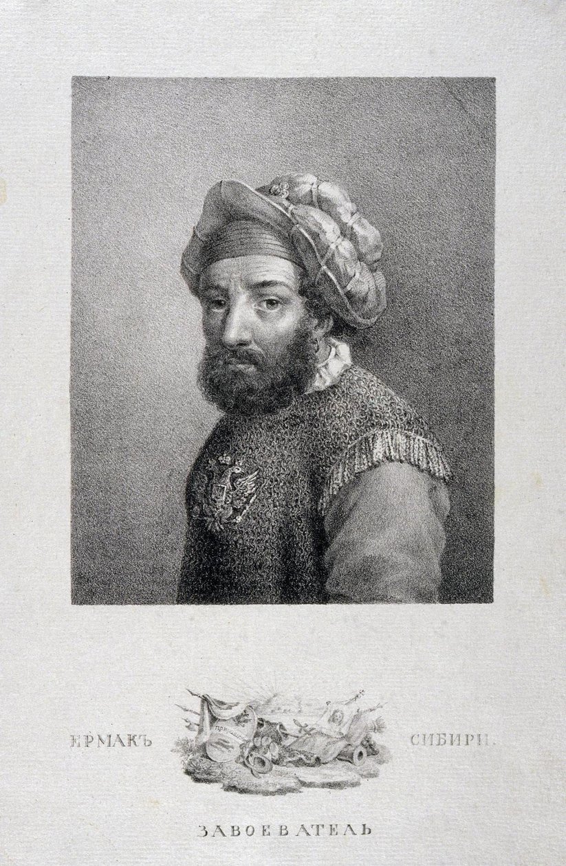 Porträtt av kosackernas ledare, erövraren av Sibirien Yermak Timopheyevich -1585, 1818 av Aleksei Gavrilovich Venetsianov