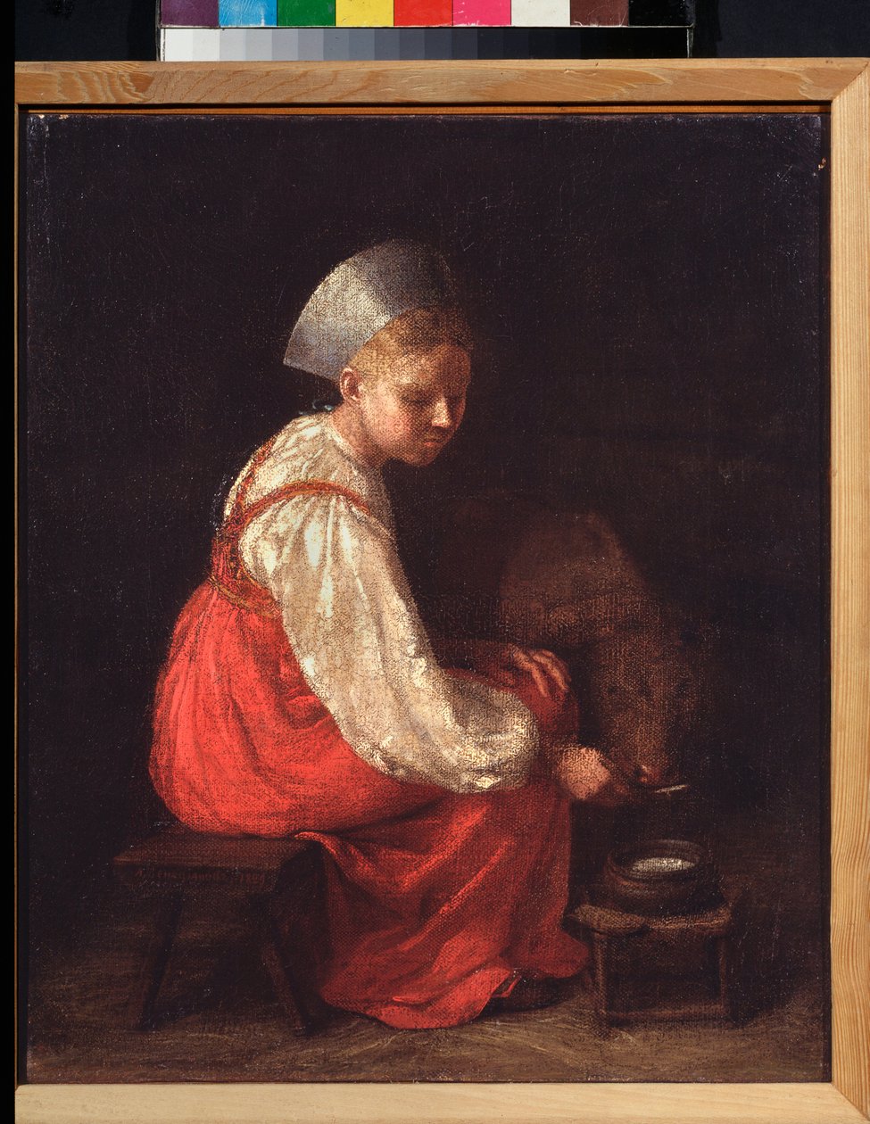 En bondflicka med en kalv - Målning av Alexei Gavrilovich Venetsianov (1780-1847), olja på duk av Aleksei Gavrilovich Venetsianov