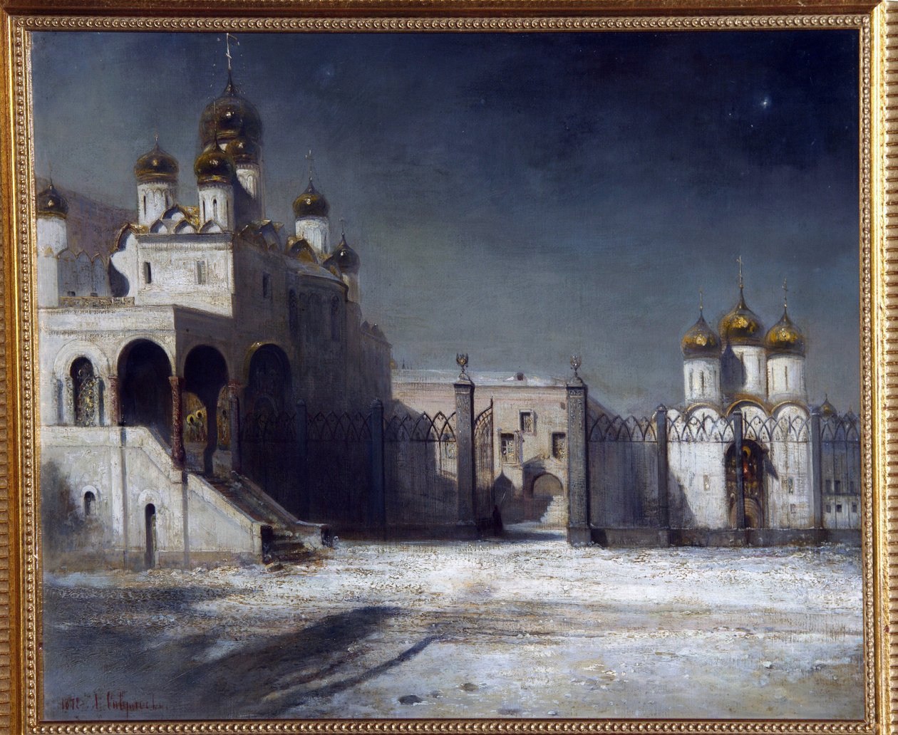 Katedraltorget i Moskva Kreml på natten. (Katedraltorget i Moskva Kreml på natten). Målning av Alexei Kondratyevich Savrasov (Savrasov) (1830-1897), olja på duk av Alexei Kondratjewitsch Sawrassow