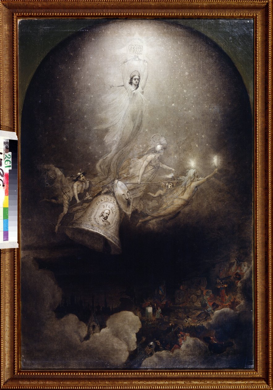 "Apotheoses of the Newspapers ""The Bell"" och ""The Polar Star"" of Socialist Inspiration"" Målning av Alexei Petrovich Bogolyubov (Bogoliubov eller Bogolioubov) (1824-1896) 1860 Statens centrala litteraturmuseum, Moskva av Aleksei Petrovich Bogolyubov