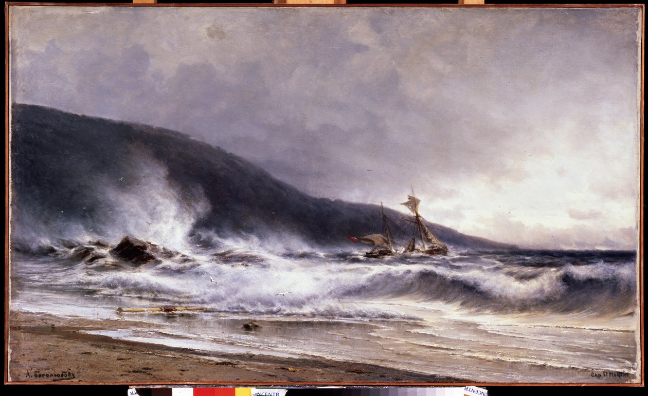 Ecume a Cap Martin (Frankrike) (Surfa på Cap Martin). Målning av Alexei Petrovich Bogolyubov (Bogoliubov eller Bogolioubov) (1824-1896). Olja på duk av Aleksei Petrovich Bogolyubov