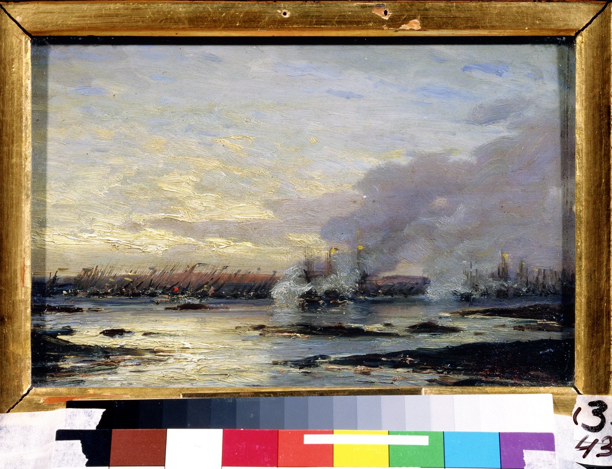 Stora norra kriget (1700-1721): ""Slaget vid Gangut som såg den ryska flottans (inklusive Gangut cuirass) seger över den svenska flottan den 07/08/1714"" Målning av Alexei Petrovich Bogolyubov (Bogoliubov eller Bogoliubov) ) (1824-1896) 1876 delstat A av Aleksei Petrovich Bogolyubov