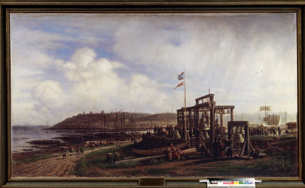 Marknaden i Nizhny Novgorod, säljare av klockor. (Marknaden i Nizhny Novgorod, raden av klockstånd). Målning av Alexei Petrovich Bogolyubov (Bogoliubov eller Bogolioubov) (1824-1896). Olja på duk av Aleksei Petrovich Bogolyubov