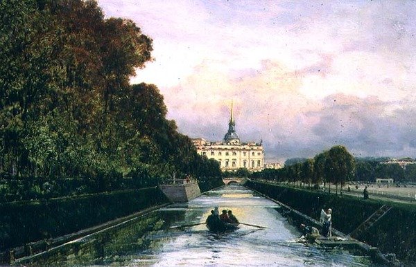 Utsikt över Lebyazhyeva-kanalen med utsikt mot Mikhailovsky-palatset, St. Petersburg (olja på panel) av Aleksei Petrovich Bogolyubov