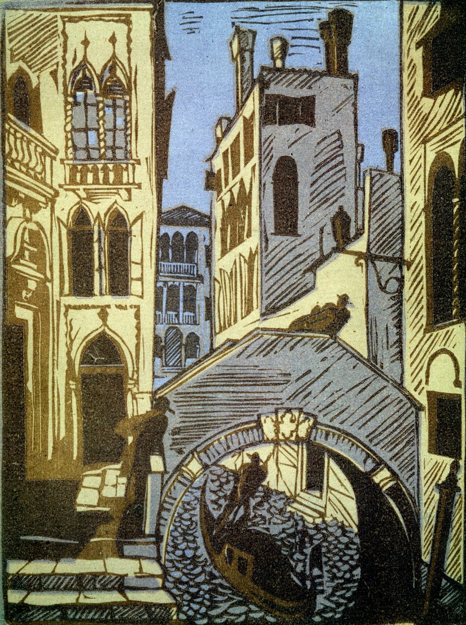 Venedig, Italien (Venedig). Kanal, gondol, bro och fasader av staden. Verk av Alexei Ilyich Kravchenko (1889-1940), träsnitt. Rysk konst, landskap från 1800- och 1900-talet. Statens Tretjakovgalleri, Moskva. (Ryssland). av Aleksey Kravchenko