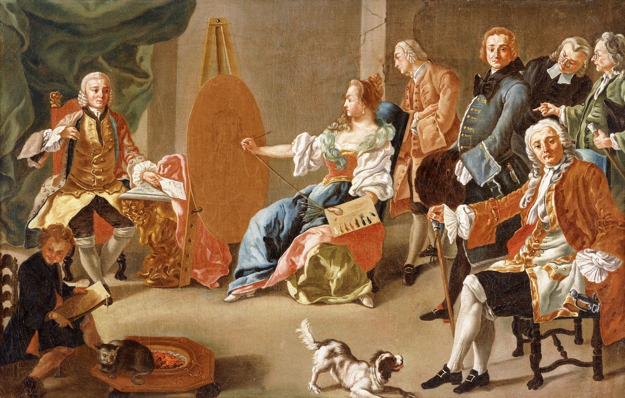 An Allegory of Painting: Ett elegant företag i en interiör med en gentleman som sitter för sitt porträtt av Alesio D Elia