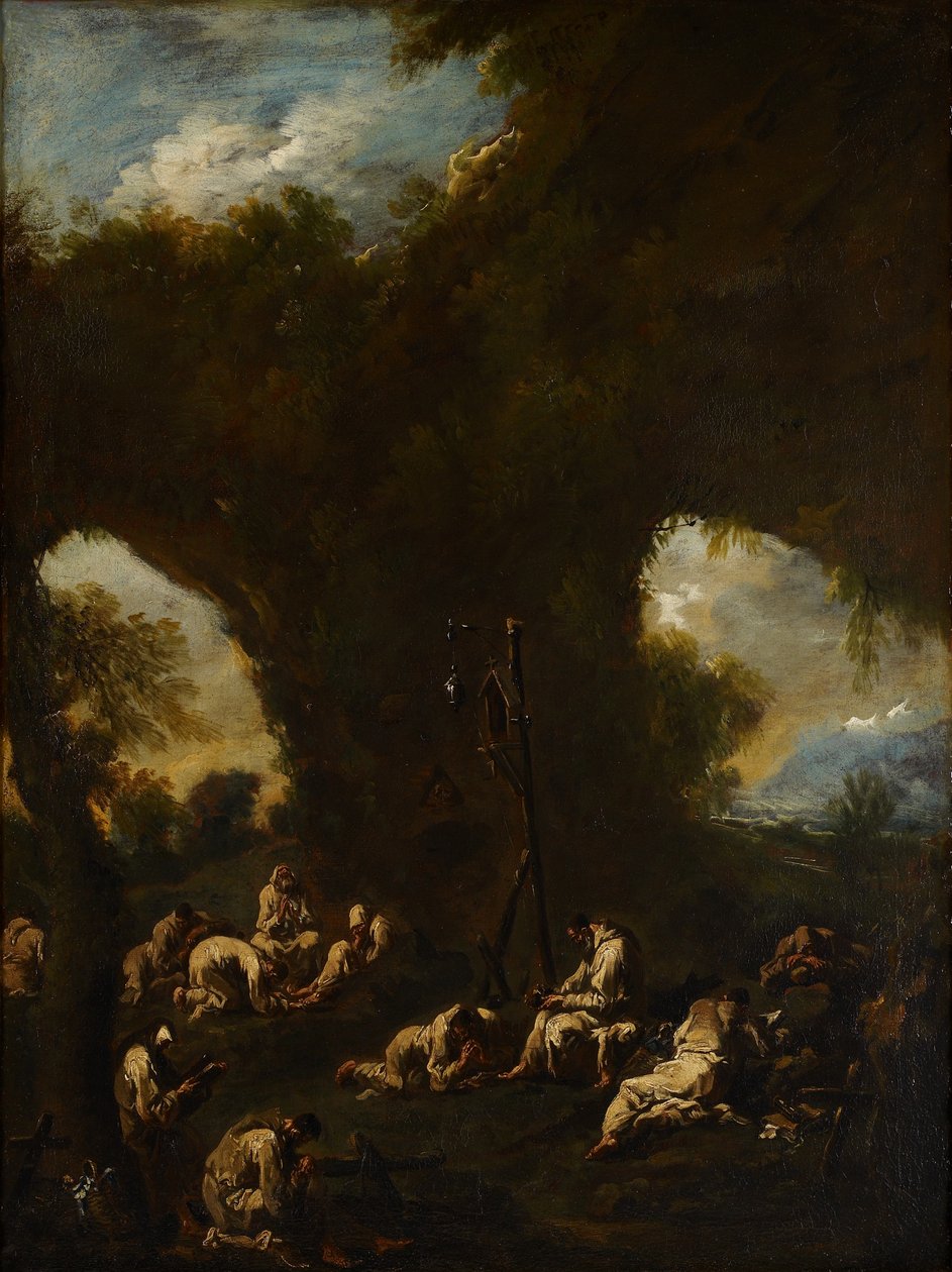 Munkar som ber i en grotta, ca 1730 av Alessandro Magnasco