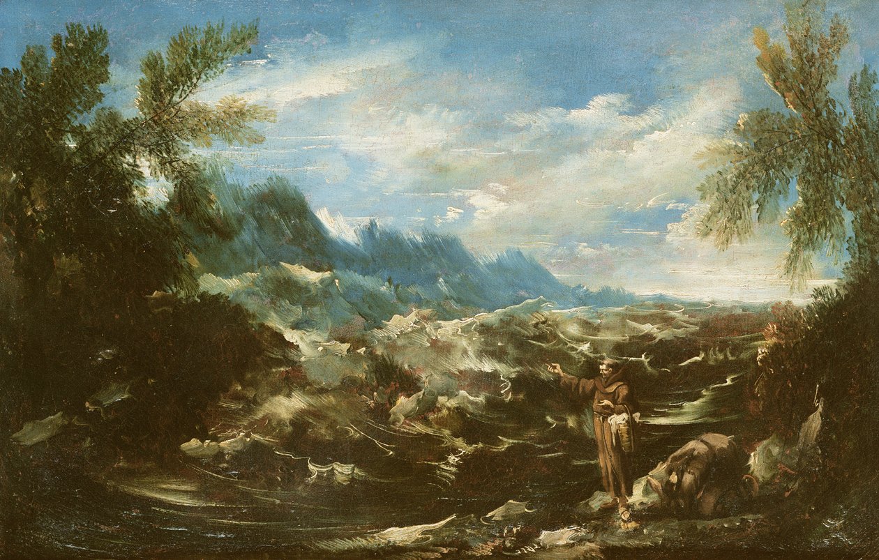 Sankt Antonius av Padua predikar för fiskarna i Rimini, ca 1720-25 av Alessandro Magnasco