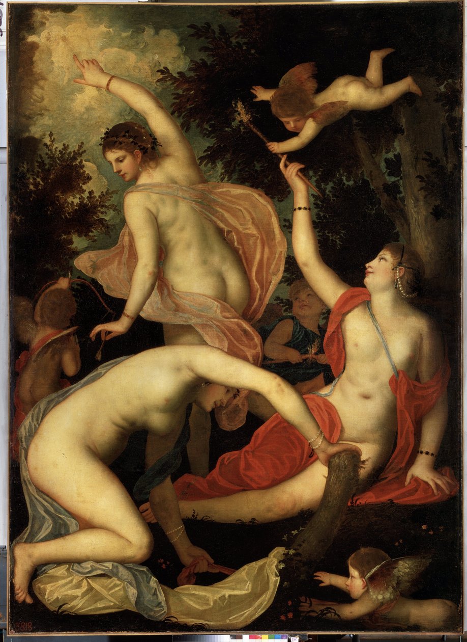 Graces and Cupid (Graces and Cupid). Målning av Alessandro Varotari känd som Il Padovanino (1588-1649). Venetiansk konst, mannerism. Olja på duk. Eremitagemuseet, Sankt Petersburg av Alessandro Varotari
