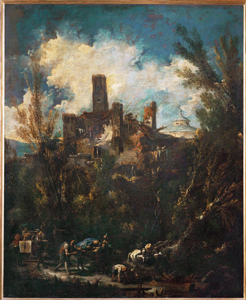 Muleteer, eller landskap med slott ... av Alessandro (style of) Magnasco