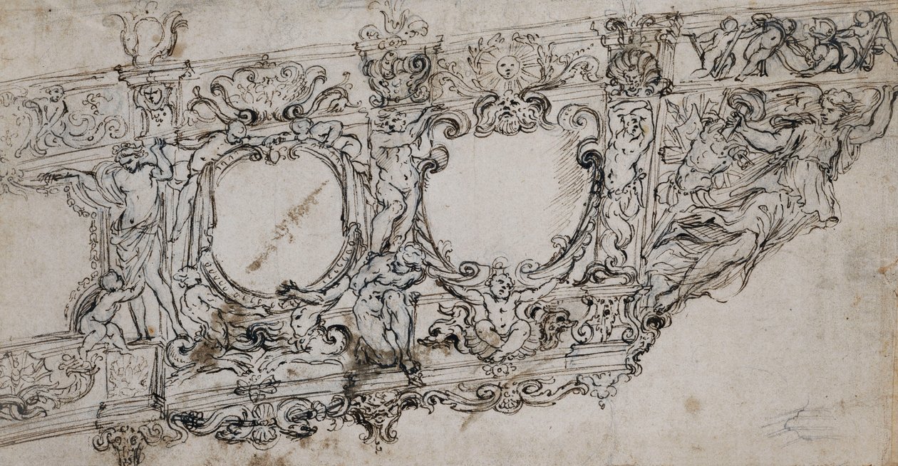 Design för fören av påven Urban VIIIs galleri med Barberinis armar av bin och solen, Ignudi, Tritons, Hippocamps, Putti och en allegori om seger som galjonsfigur under bokstäverna VRBA In av Alessandro Algardi